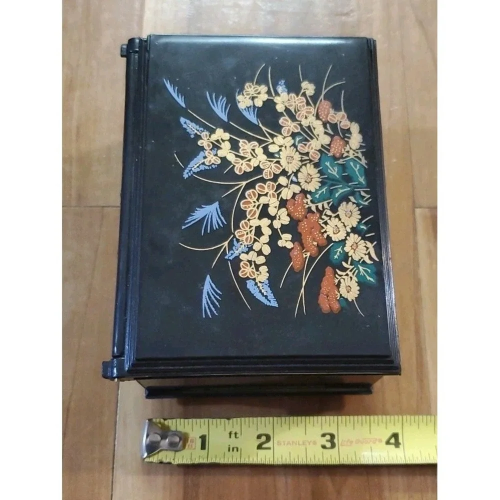 Vintage Asian Jewelry Trinket Box Black Gold‎ Multicolor Floral Motif